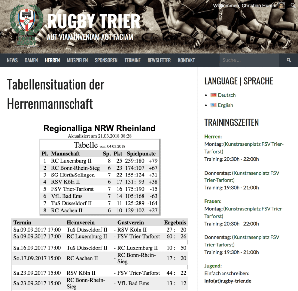 Tabelle und Spielplan von Rugbyweb in WordPress einbinden